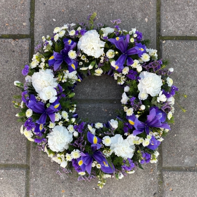 Purple, white, yellow, carnation, iris, Funeral, sympathy, wreath, tribute, flowers, florist, gravesend, Northfleet, Kent, london