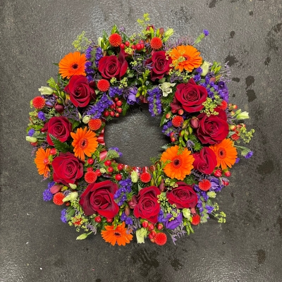 Red, purple, orange, Funeral, sympathy, wreath, tribute, flowers, florist, gravesend, Northfleet, Kent, London, Essex 