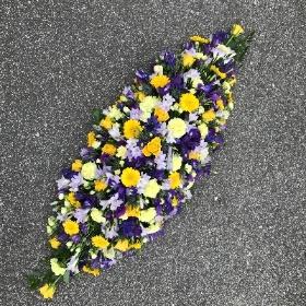 Yellow, purple, mauve, blue, coffin, spray, funeral, flowers, tribute, florist, Gravesend, kent