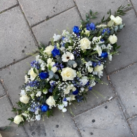 Blue, white, coffin, double, ended, spray, lily, rose, funeral, sympathy, wreath, tribute, flowers, florist, gravesend, Northfleet, Kent, london