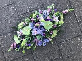 Lilac, purple, lime, green, tropical, scented, coffin, spray, casket, oasis, Funeral, sympathy, wreath, tribute, flowers, florist, gravesend, Northfleet, Kent, london