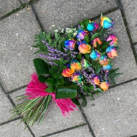 Rainbow, dyed, rose, tied, sheaf, Funeral, sympathy, wreath, tribute, flowers, florist, gravesend, Northfleet, Kent, london