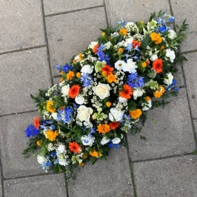 Coffin, spray, blue, orange, white, Funeral, sympathy, wreath, tribute, flowers, florist, gravesend, Northfleet, Kent, London, Essex 