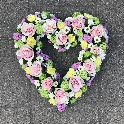 Open, Rose, heart, pretty, funeral, flowers, tribute, wreath, pink, lemon, pastel, kent, Gravesend