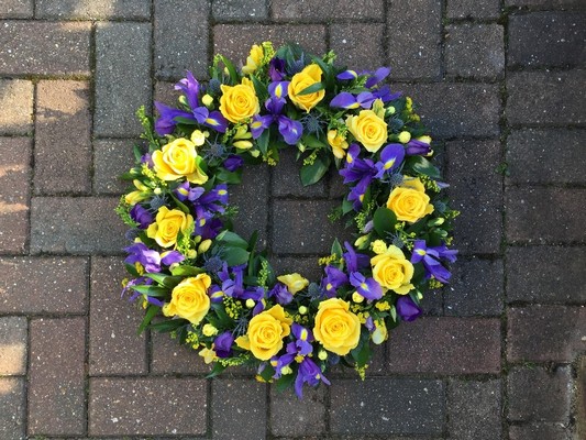 Purple, blue, yellow, wreath, funeral flowers, funeral tribute, gravesend