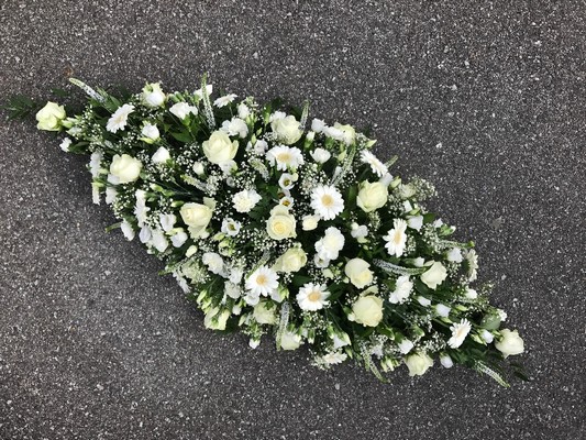 White, rose, gerbera, carnation, coffin, spray, funeral, flowers, tribute, Gravesend, florist, Kent 