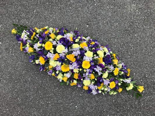 Yellow, purple, mauve, blue, coffin, spray, funeral, flowers, tribute, florist, Gravesend, kent