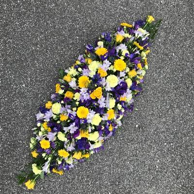 Yellow, purple, mauve, blue, coffin, spray, funeral, flowers, tribute, florist, Gravesend, kent