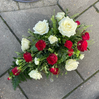 Red, white, rose, spray, funeral, flowers, tribute, florist, Gravesend, kent