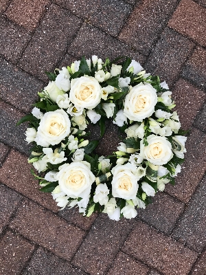 White, rose, lisianthus, freesia, wreath, funeral, flowers, tribute, Gravesend, Florist, Kent