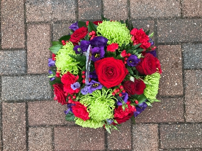 Bright, posy, oasis, red, green, purple, funeral, flowers, Gravesend, Florist, Kent, tribute