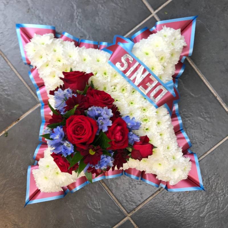 West Ham, cushion, claret, blue, funeral, tribute, flowers, wreath, Gravesend, florist, delivery