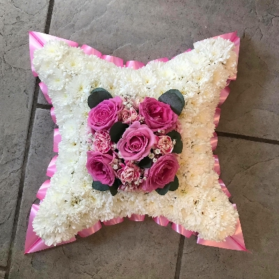 Cushion, pillow, funeral, tribute, flowers, wreath, Gravesend, florist, delivery