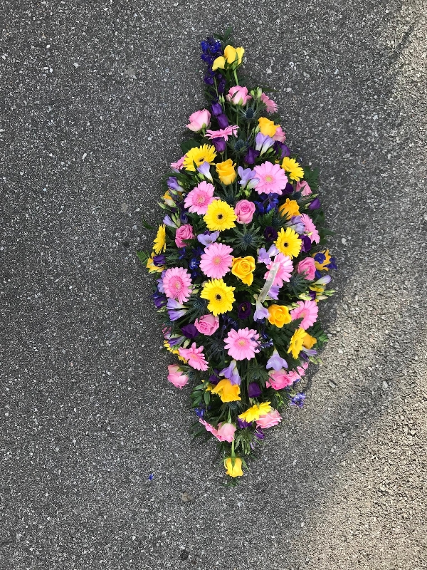 Bright, pink, yellow, purple, blue, coffin, spray, oasis, funeral, tribute, flowers, wreath, Gravesend, delivery 