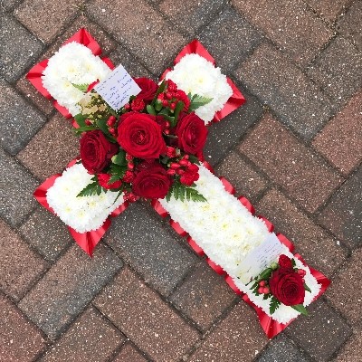 Red, white, rose, cross, funeral, tribute, flowers, wreath, Gravesend, florist, delivery 