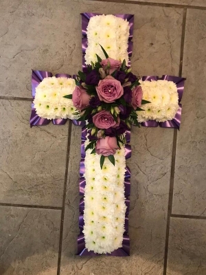 Purple, lilac, white, funeral, cross, tribute, wreath, Gravesend, florist, delivery 
