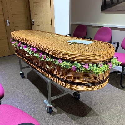 Wicker, coffin, garland, freesia, pink, white, funeral, Gravesend, Florist, flowers, delivery