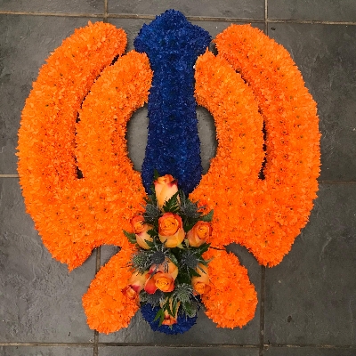 Sikh, khanda, religious, symbol, guru, Nanak, darbar, gurdwara, temple, orange, white, blue, funeral, flowers, wreath, tribute, Gravesend, Florist, delivery