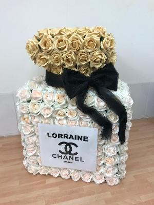 Funeral, tribute, flowers, wreath, gypsy, traveller, perfume, bottle, Chanel, 3d, standing, roses