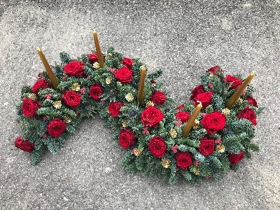 Modern, contemporary, Christmas, festive, table, centre, arrangement, candle, rose, thistle, red, silver, gold, extravagant, elegant, wow, oppulent