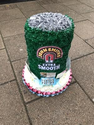 John smiths, beer, bitter, drink, can, tin, 3D, Funeral, sympathy, wreath, tribute, flowers, floral, Gravesend, kent, london