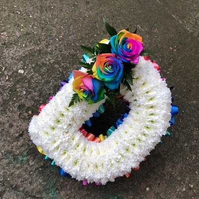 Rainbow, letters, funeral, flowers, tribute, wreath, frame, bright, colours, unicorn, funeral, sympathy, flowers, floral, florist, Gravesend, kent, london