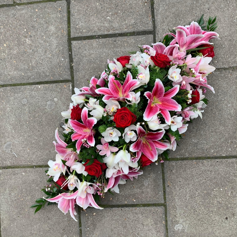 Orchid, rose, lily, coffin, spray, funeral, tropical, oppulent, Oasis, wreath, sympathy, flowers, floral, florist, Gravesend, kent, london 