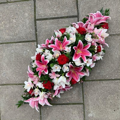 Orchid, rose, lily, coffin, spray, funeral, tropical, oppulent, Oasis, wreath, sympathy, flowers, floral, florist, Gravesend, kent, london 