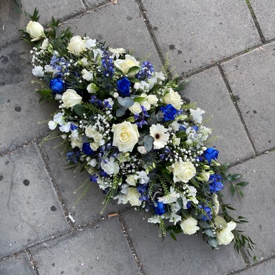 Blue, white, coffin, double, ended, spray, lily, rose, funeral, sympathy, wreath, tribute, flowers, florist, gravesend, Northfleet, Kent, london