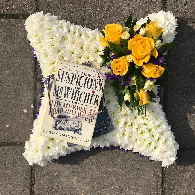 Pillow, cushion, book, work, reading, reader, glasses, Funeral, sympathy, wreath, tribute, flowers, florist, gravesend, Northfleet, Kent, london