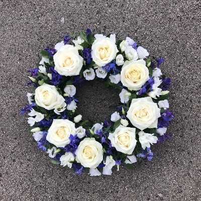 Blue, white, rose, Funeral, sympathy, wreath, tribute, flowers, florist, gravesend, Northfleet, Kent, london