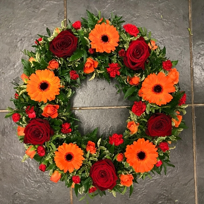 Red, orange, rose, gerbera, Funeral, sympathy, wreath, tribute, flowers, florist, gravesend, Northfleet, Kent, london