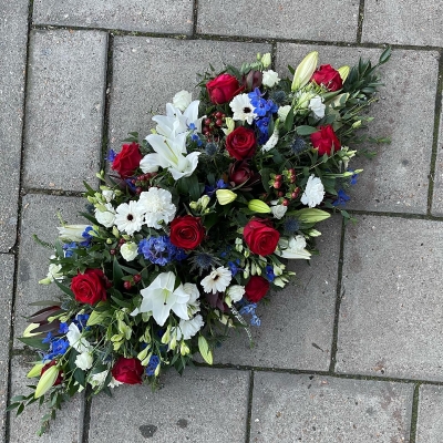 Red, white, blue, coffin, spray, funeral, flowers, tribute, wreath, florist, northfleet, gravesend, kent