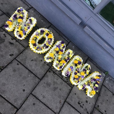 Funeral, name, letters, different, unusual, combination, white, loose, funeral, wreath, tribute, flowers, florist, gravesend, northfleet, kent