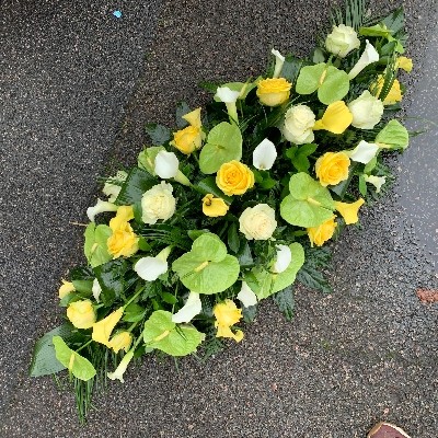 Tropical, calla, lily, rose, coffin, spray, funeral, flowers, wreath, florist, gravesend, kent, northfleet