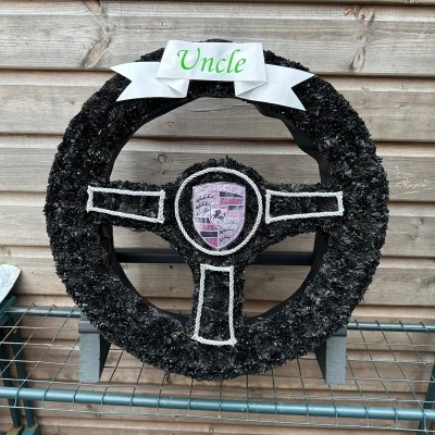 Car, steering, wheel, funeral, flowers, tribute, wreath, florist, gravesend, northfleet, kent