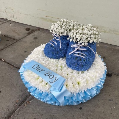 Baby, shoes, booties, funeral, flowers, tribute, wreath, gravesend, northfleet, florist, kent