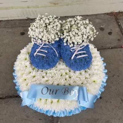 Baby, shoes, booties, funeral, flowers, tribute, wreath, gravesend, northfleet, florist, kent