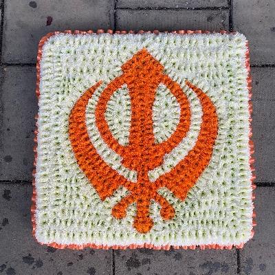 Khanda, guru, Nanak, darbar, gurdwara, Sikh, religious, symbol, orange, white, funeral, flowers, tribute, wreath, gravesend, kent, northfleet 