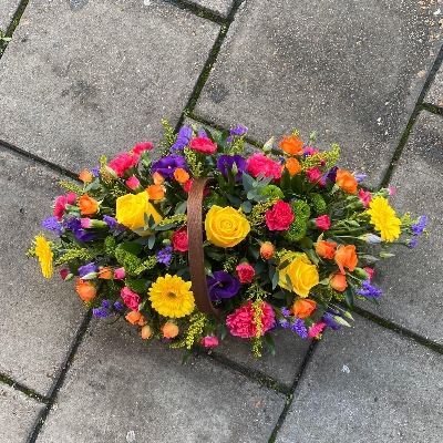 Bright, seasonal, flowers, basket, funeral, tribute, wreath, 