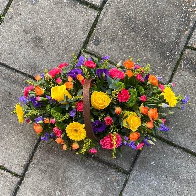 Bright, seasonal, flowers, basket, funeral, tribute, wreath, 