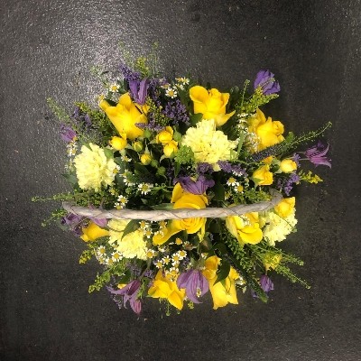 Yellow, purple, basket, arrangement, funeral, flowers, florist, wreath, tribute, gravesend, northfleet, kent