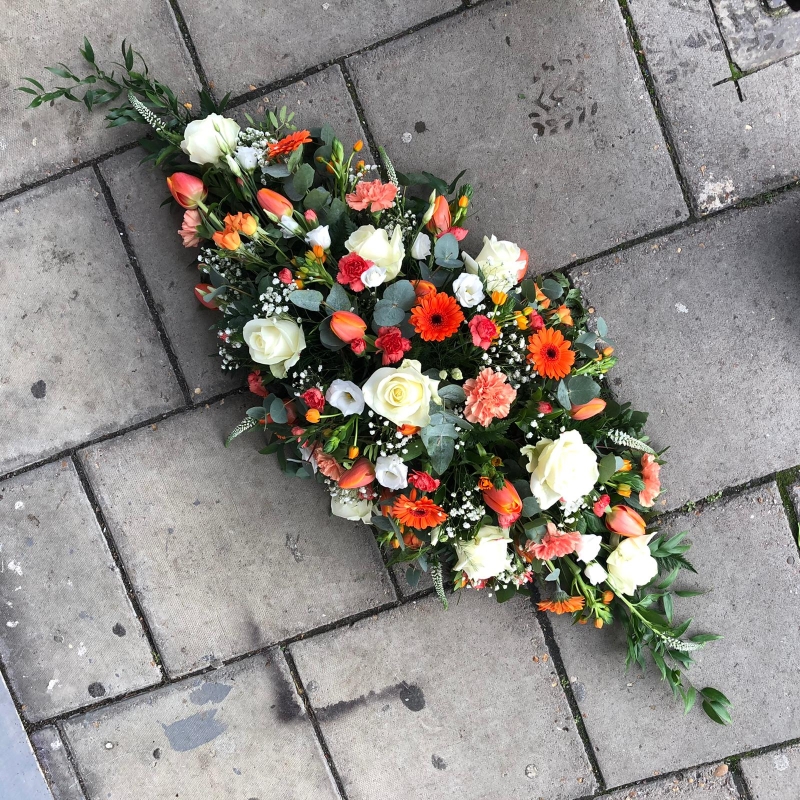 Orange, white, coffin, spray, Funeral, tribute, wreath, flowers, florist, gravesend, northfleet, kent, London, sympathy