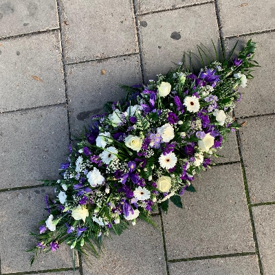 Purple, lilac, white, coffin, spray, Funeral, sympathy, wreath, tribute, flowers, florist, gravesend, Northfleet, Kent, london