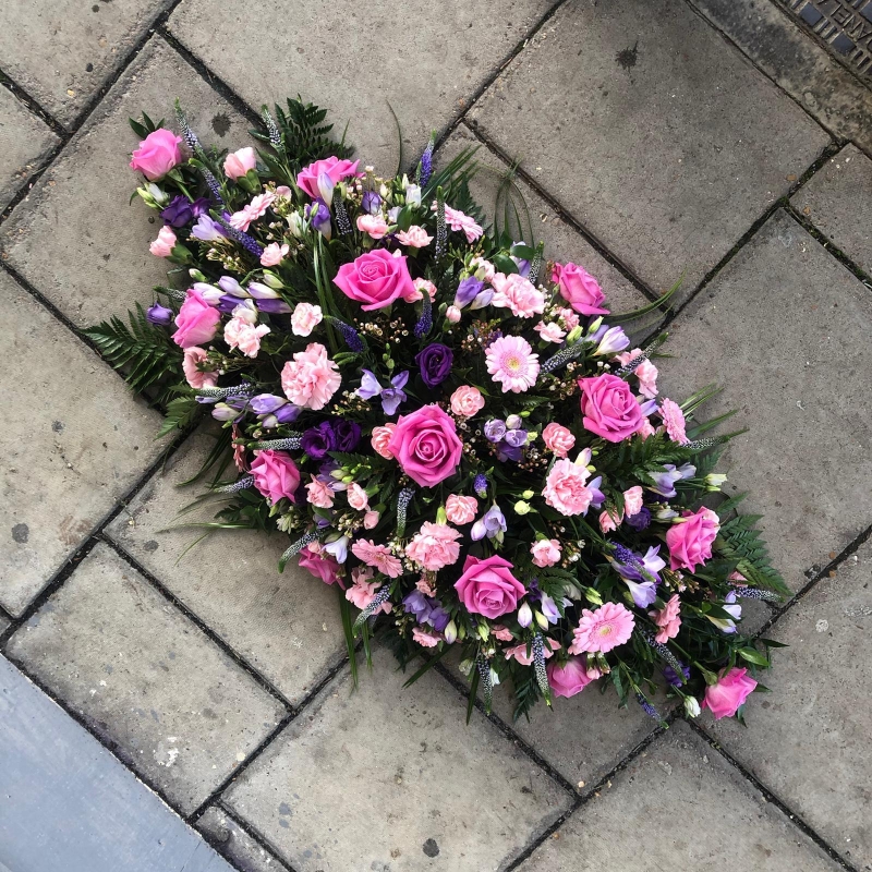Purple, pink, white, pretty, coffin, spray, Funeral, sympathy, wreath, tribute, flowers, florist, gravesend, Northfleet, Kent, london