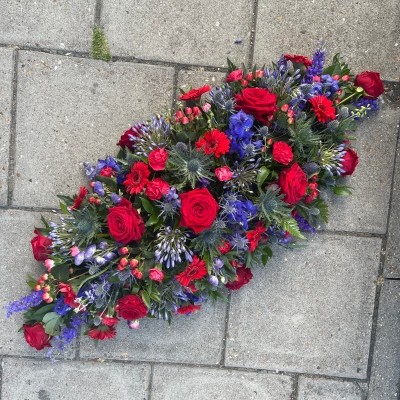 Red, blue, silver, coffin, spray, Funeral, sympathy, wreath, tribute, flowers, florist, gravesend, Northfleet, Kent, london