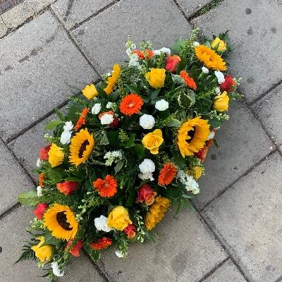 Yellow, orange, white, sunflower, coffin, spray, Funeral, sympathy, wreath, tribute, flowers, florist, gravesend, Northfleet, Kent, london