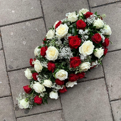 Red, white, rose, coffin, spray, Funeral, sympathy, wreath, tribute, flowers, florist, gravesend, Northfleet, Kent, london