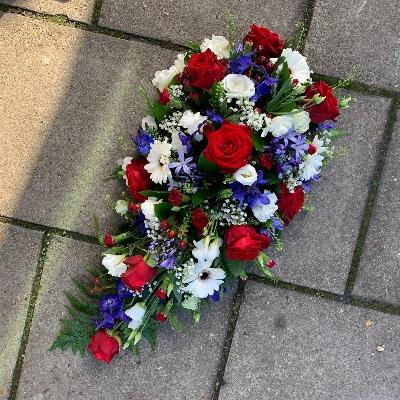 Red, white, blue, coffin, spray, Funeral, sympathy, wreath, tribute, flowers, florist, gravesend, Northfleet, Kent, london