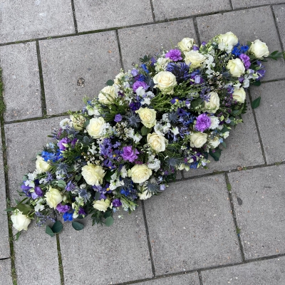 Purple, blue, white, coffin, spray, Funeral, sympathy, wreath, tribute, flowers, florist, gravesend, Northfleet, Kent, london
